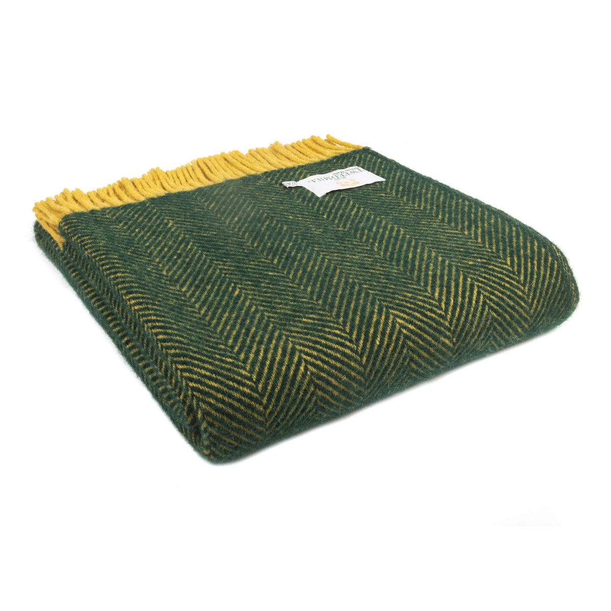 Wolldecke Decke Schurwolle Tweedmill britisch lifestyle UK Design Fischgrät Muster Grün Ocker Emerald Mustard Fransen