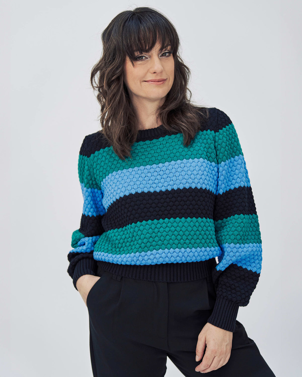 Pullover Strick Streifen Bio-Baumwolle Mademoiselle YéYé Wollpullover leicht Grün 